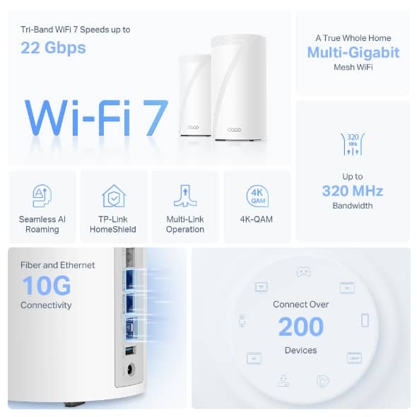 TP-Link Deco BE85 BE22000 Tri-Band Whole Home Mesh WiFi 7 System (1 Pack / 2 Pack / 3 Pack)